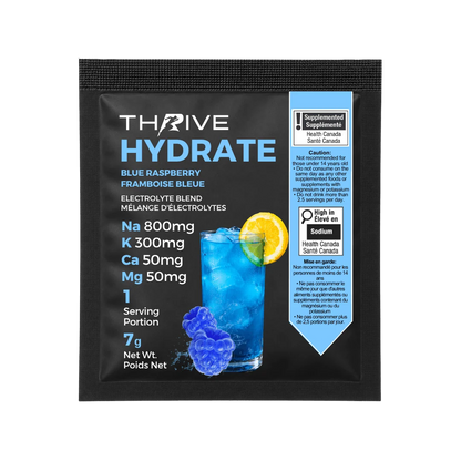 A single-serving packet of Thrive Hydrate Blue Raspberry electrolyte blend, shown on a clean white background | Fuel Kit