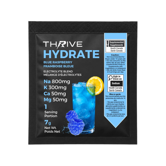 A single-serving packet of Thrive Hydrate Blue Raspberry electrolyte blend, shown on a clean white background | Fuel Kit