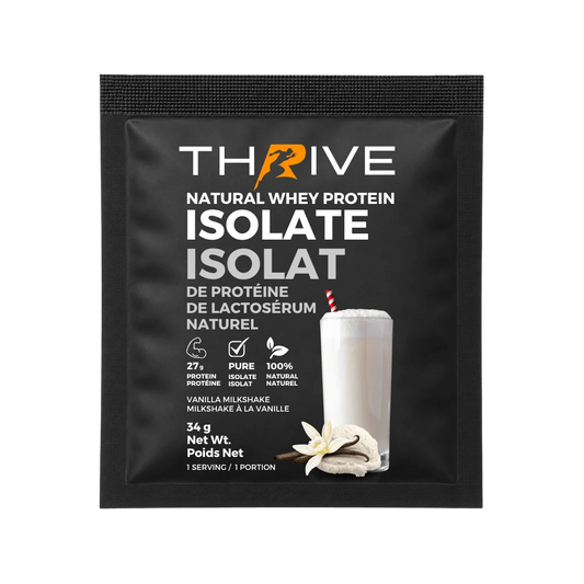Thrive natural whey protein isolate in Vanilla package on a black background | Fuel Kit