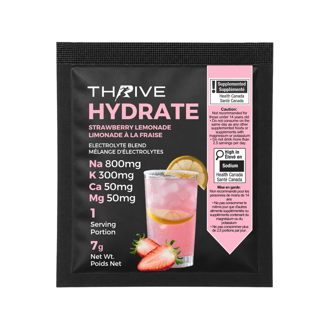 A single packet of Thrive Hydrate Strawberry Lemonade electrolyte blend, shown on a plain white background | Fuel Kit