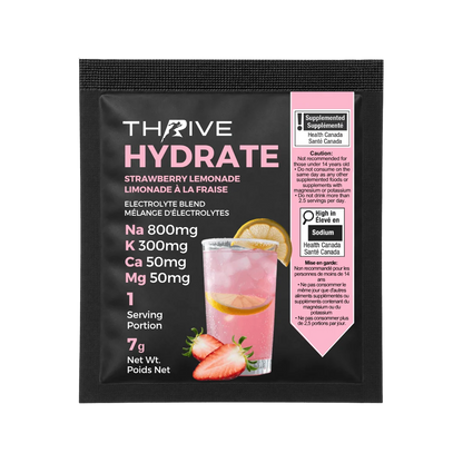 A single packet of Thrive Hydrate Strawberry Lemonade electrolyte blend, shown on a plain white background | Fuel Kit