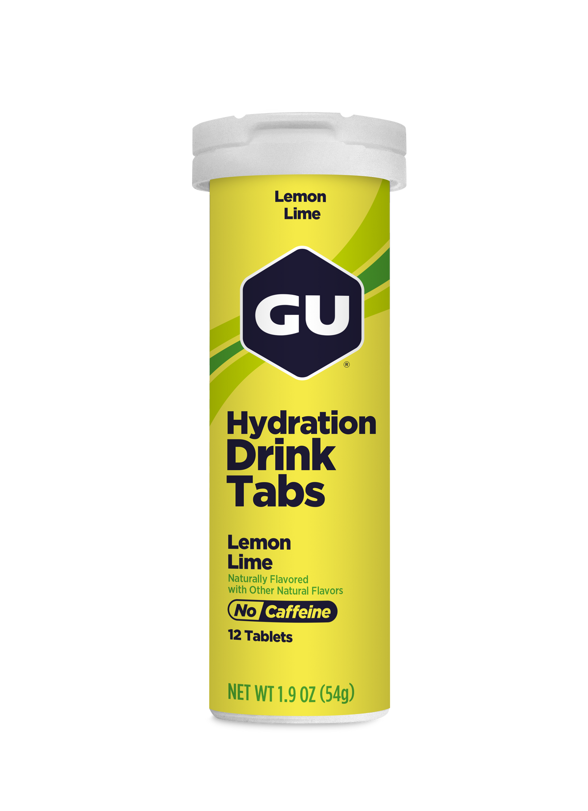 GU Hydration Drink Tabs container for lemon lime flavor on a white background