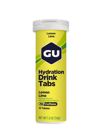 GU Hydration Drink Tabs container for lemon lime flavor on a white background