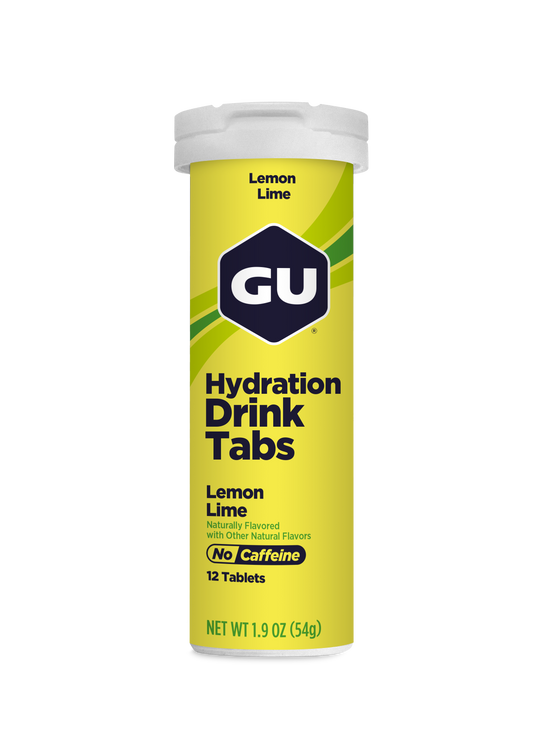 GU Hydration Drink Tabs container for lemon lime flavor on a white background
