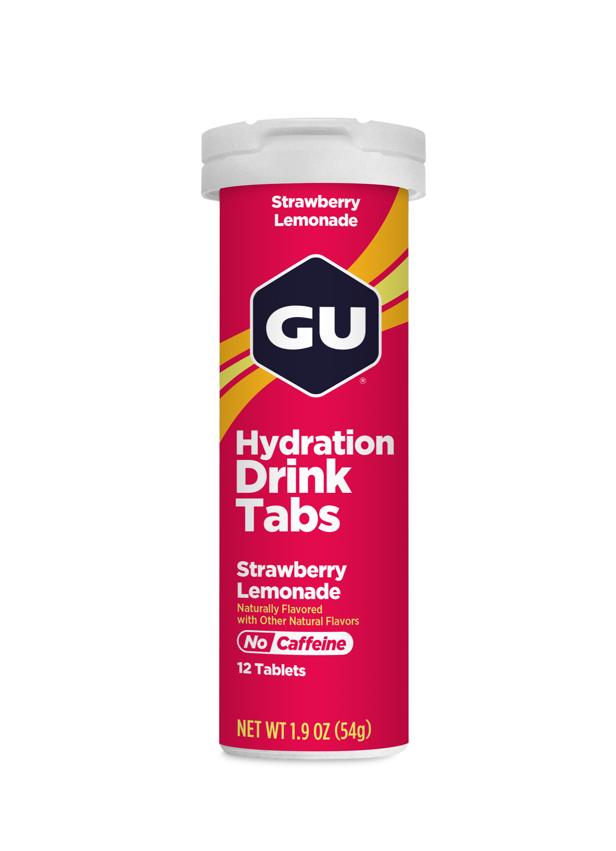 A single tube of GU Hydration Drink Tabs in Strawberry Lemonade flavor, available at Fuel Kit