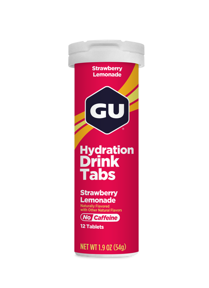 A single tube of GU Hydration Drink Tabs in Strawberry Lemonade flavor, available at Fuel Kit