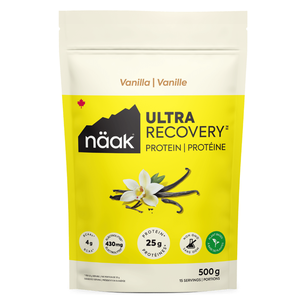 Näak Ultra Recovery Vanilla Protein package on a dark background