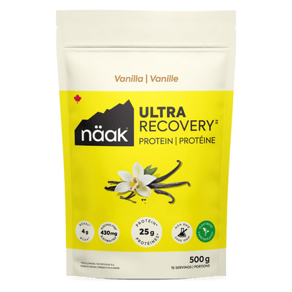 Näak Ultra Recovery Vanilla Protein package on a dark background