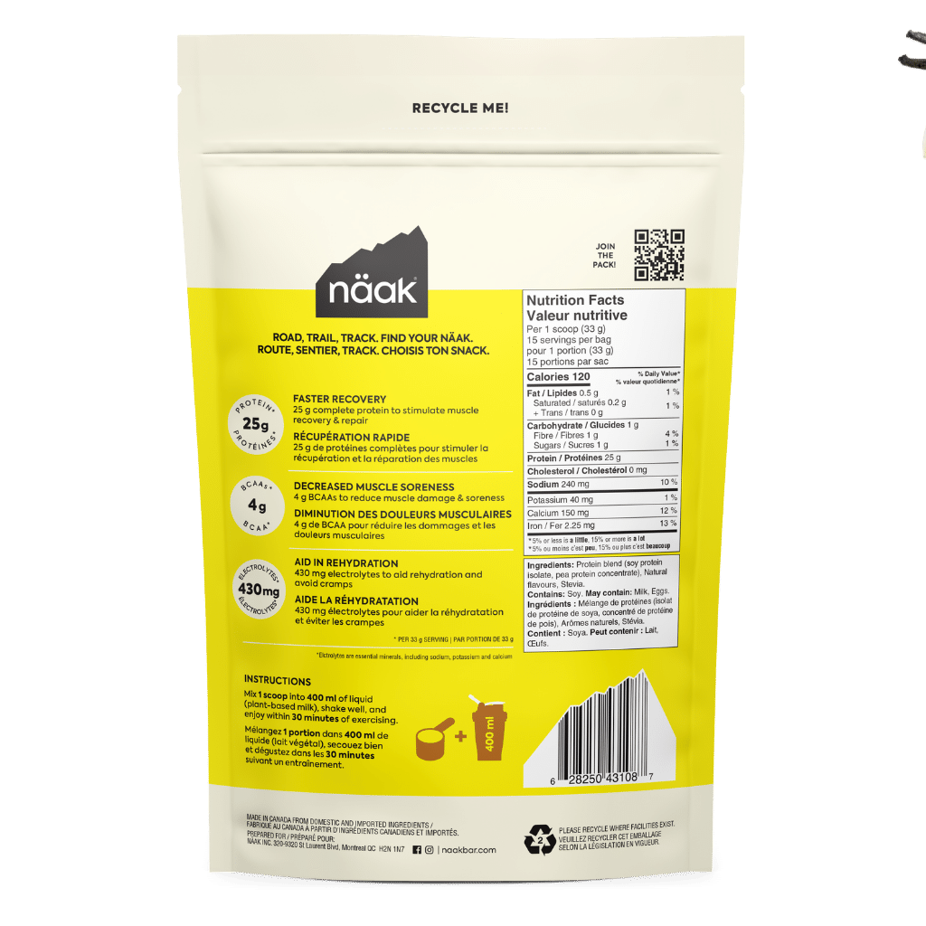 Näak Ultra Recovery Protein Powder: Vanilla back of package- available at Fuel Kit