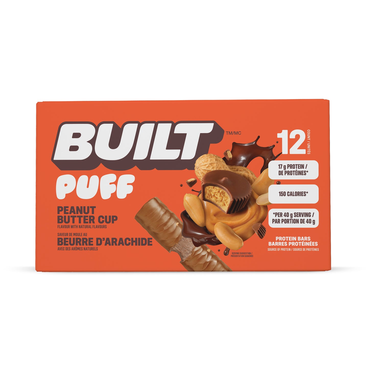A box of 12 BUILT Puff peanut Butter Cup protein bars, available at Fuel Kit
