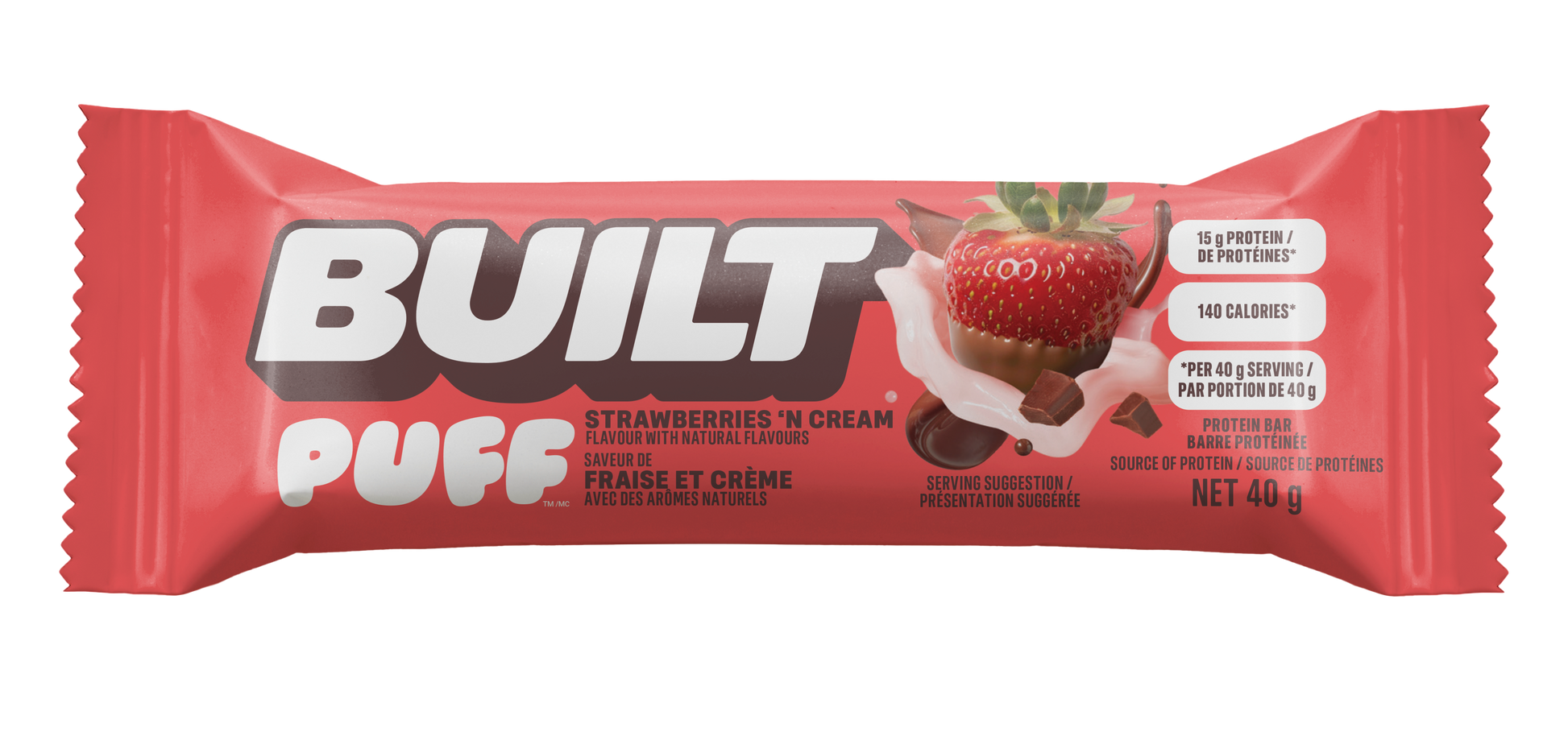 A single Built Puff protein bar wrapper in red, in the flavor 'Strawberries - N Cream', available at Fuel Kit