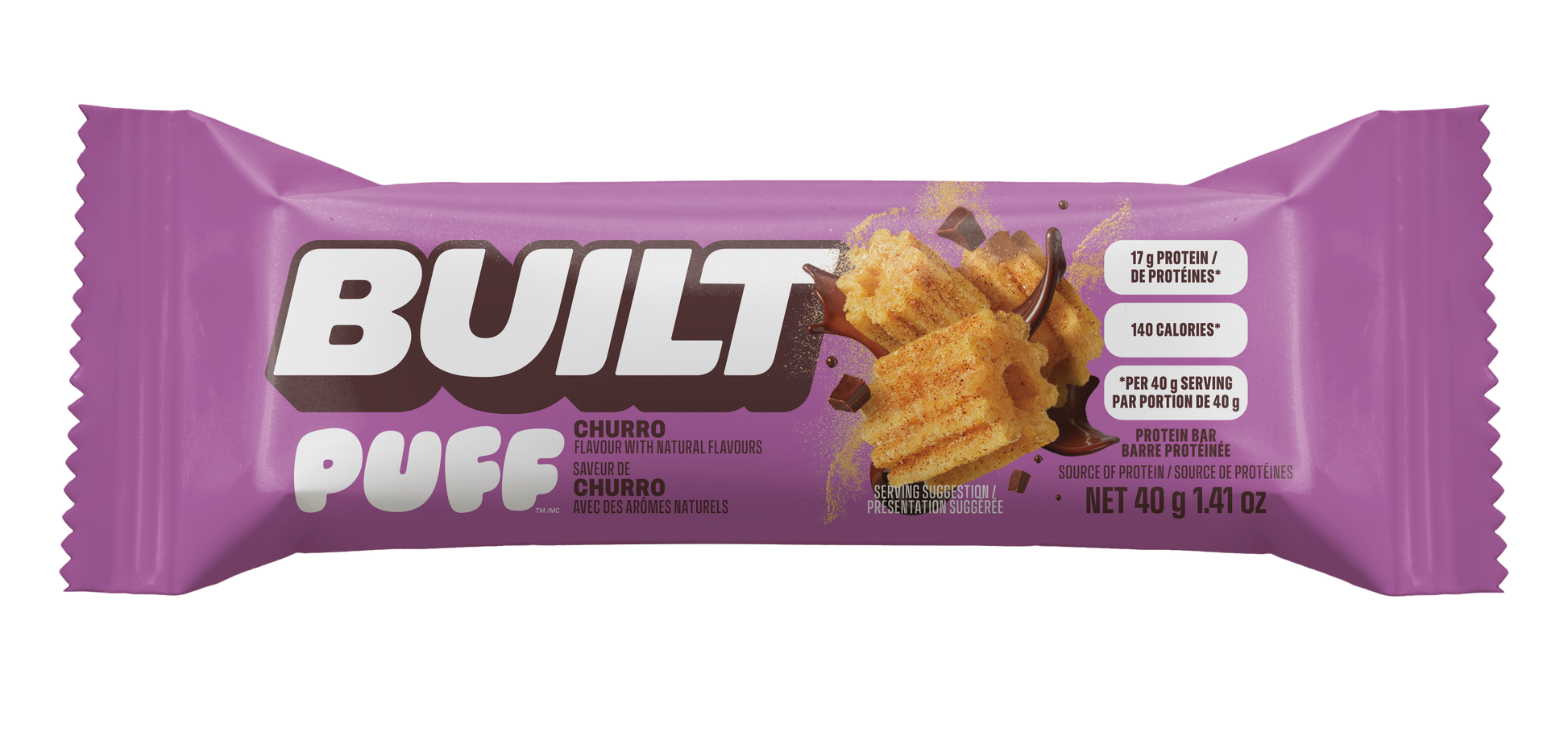 A purple wrapper for a Built Puff Churro protein bar, available at Fuel Kit.