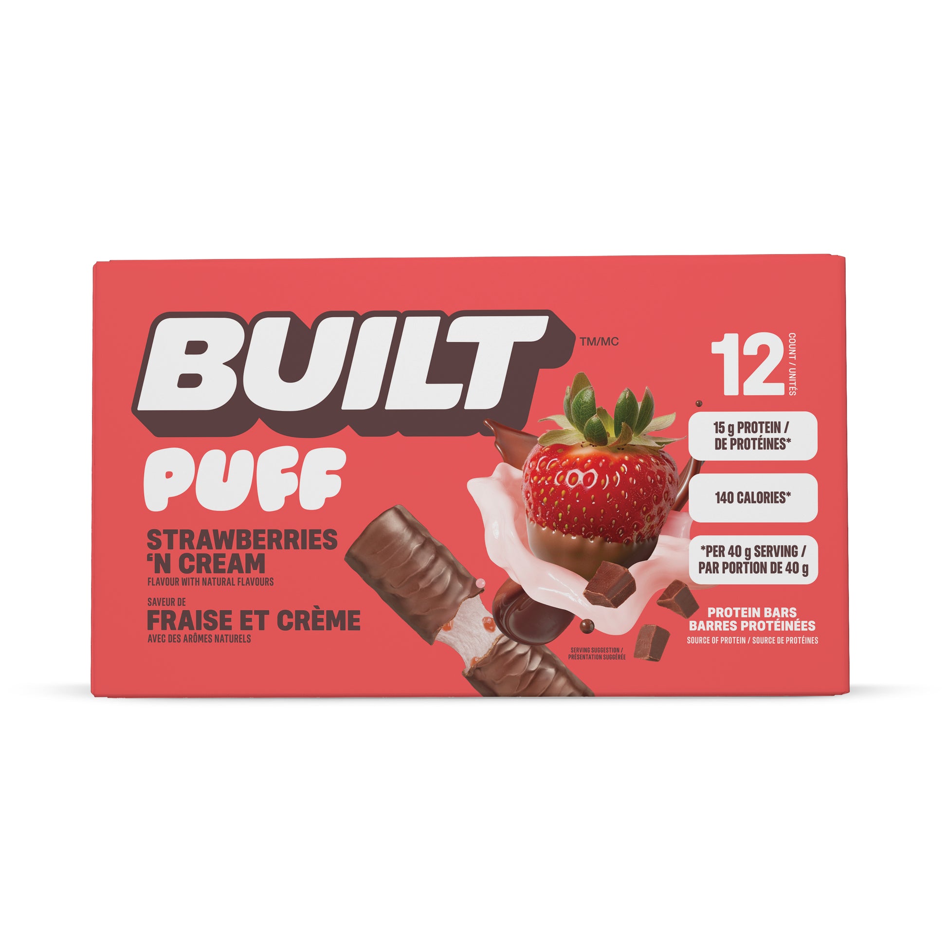 A red box of Built Puff Protein Bars in Strawberry 'N Cream flavor available at Fuel Kit.
