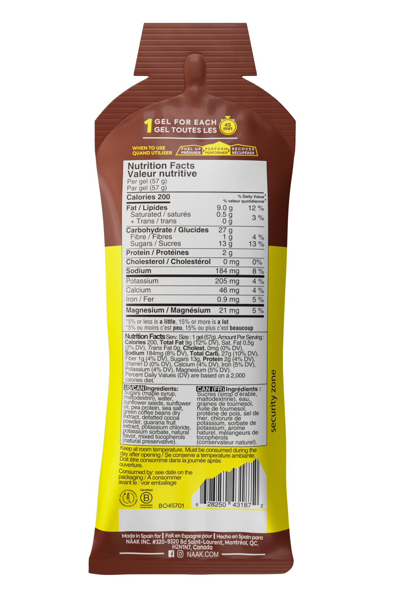 Näak Ultra Energy Gel back of package in chocolate available at Fuel Kit