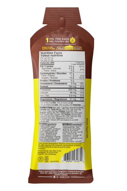 Näak Ultra Energy Gel back of package in chocolate available at Fuel Kit