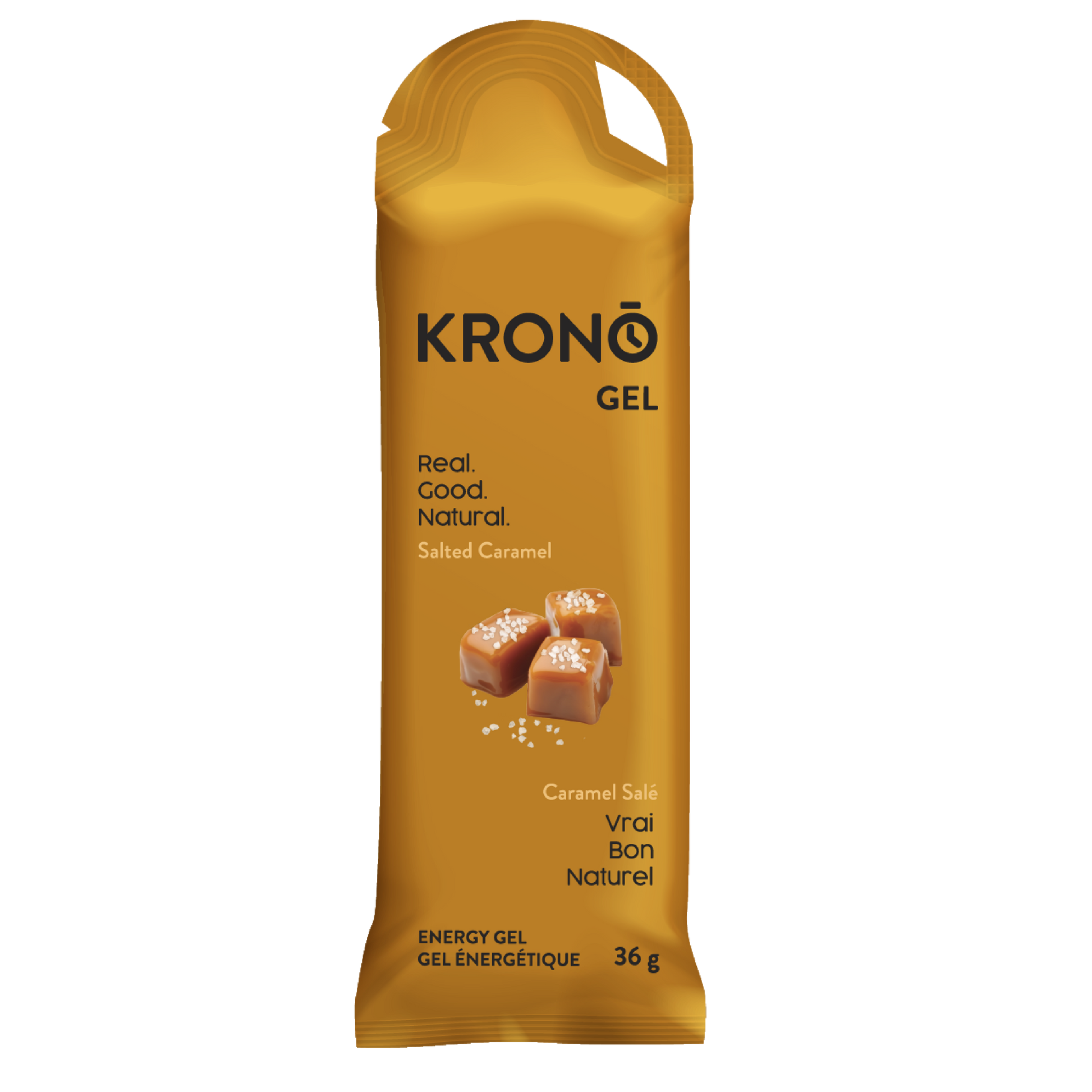 A packet of Krono Nutrition energy gel in salted caramel flavor with a white background