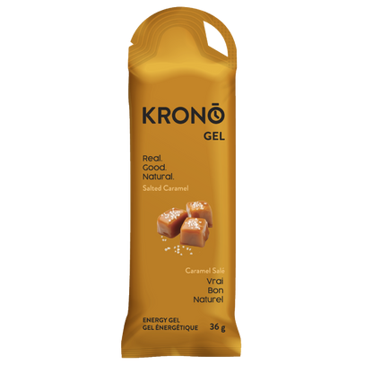 A packet of Krono Nutrition energy gel in salted caramel flavor with a white background