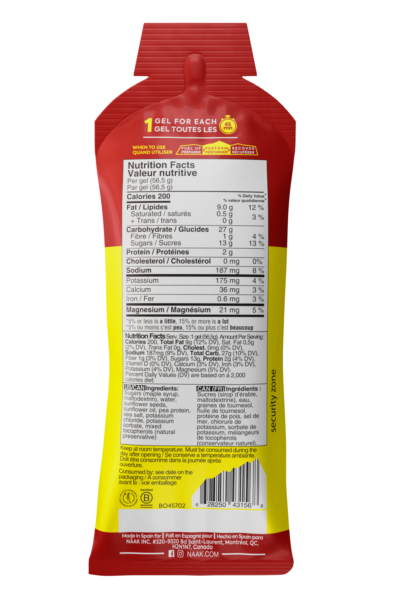Näak Ultra Energy Gel back of package in Salted Maple available at Fuel Kit