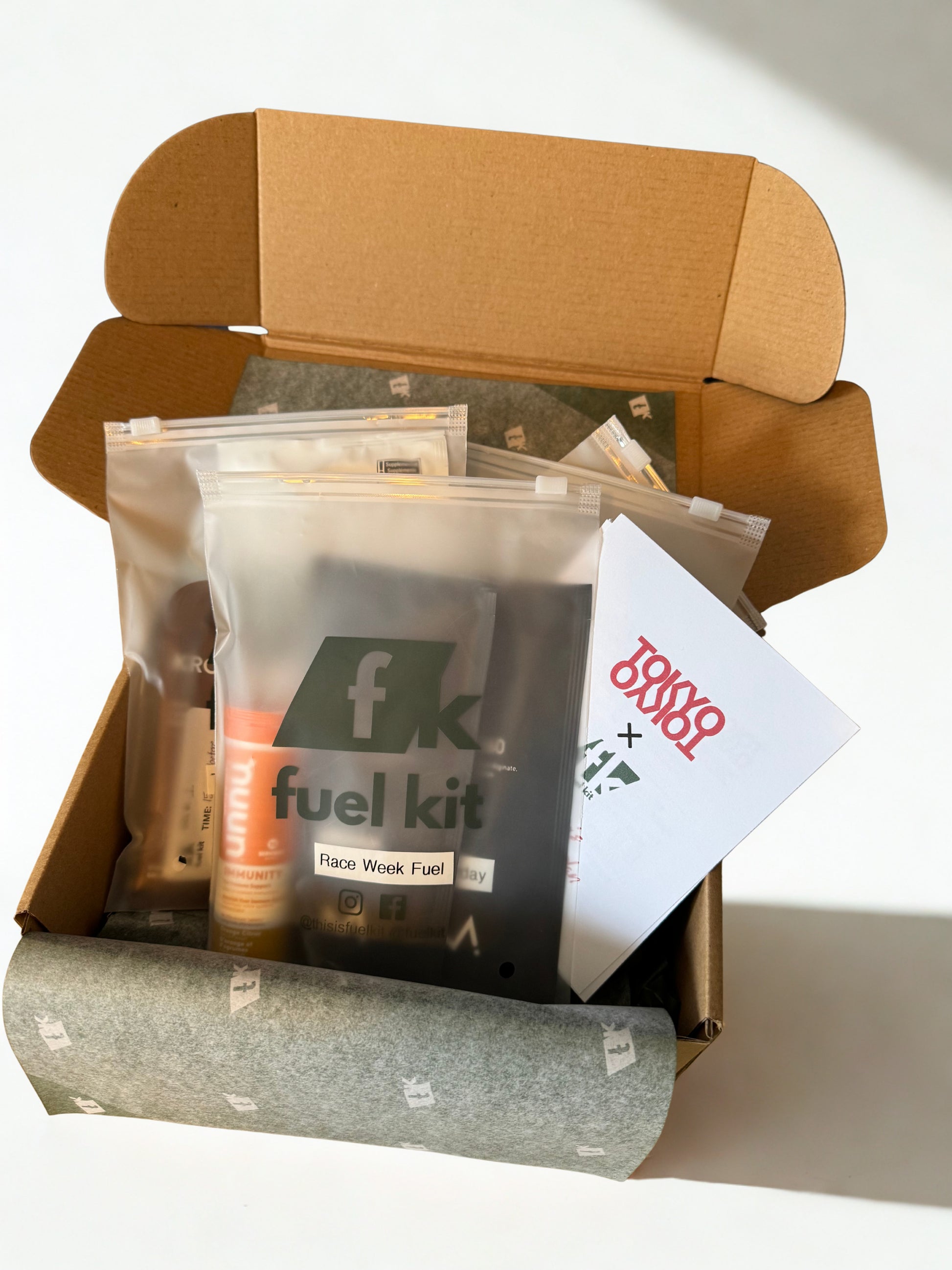 Example of a prepped fuel kit for the Tokyo Marathon available via Prep My Kit on Fuel Kit